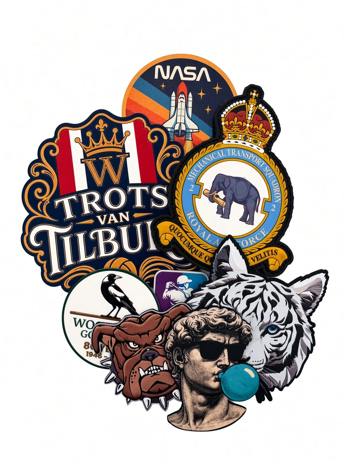 Collection of colorful patches and stickers featuring various designs, including a NASA logo, a space shuttle, a royal military badge, a city name, an animal, and a person with sunglasses blowing a bubblegum bubble.