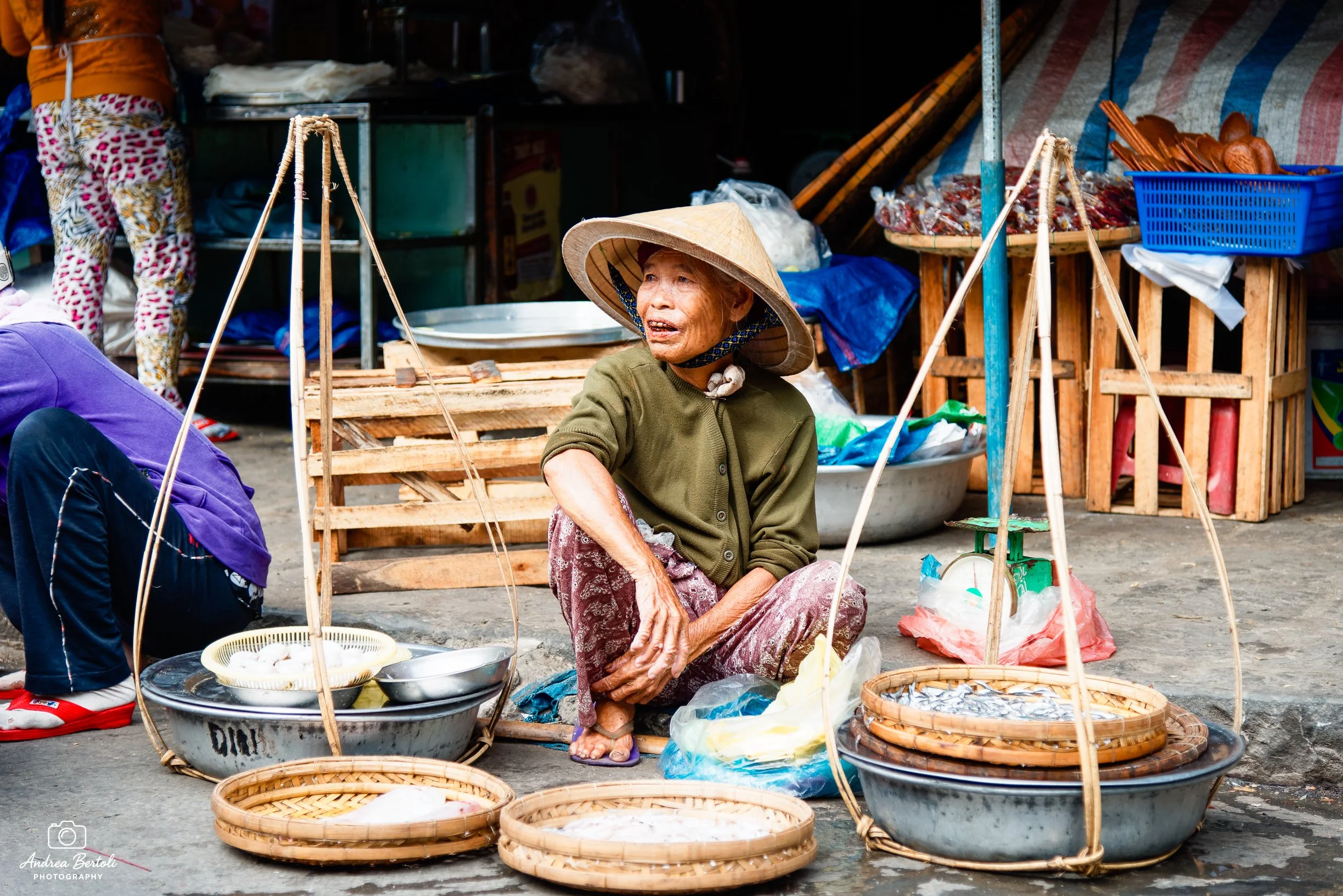 Una donna anziana seduta a terra davanti a un banco di mercato con diverse ceste di pesce e altra merce, indossa un cappello di paglia e abiti verdi e marroni, in un mercato all'aperto di Hoi An.