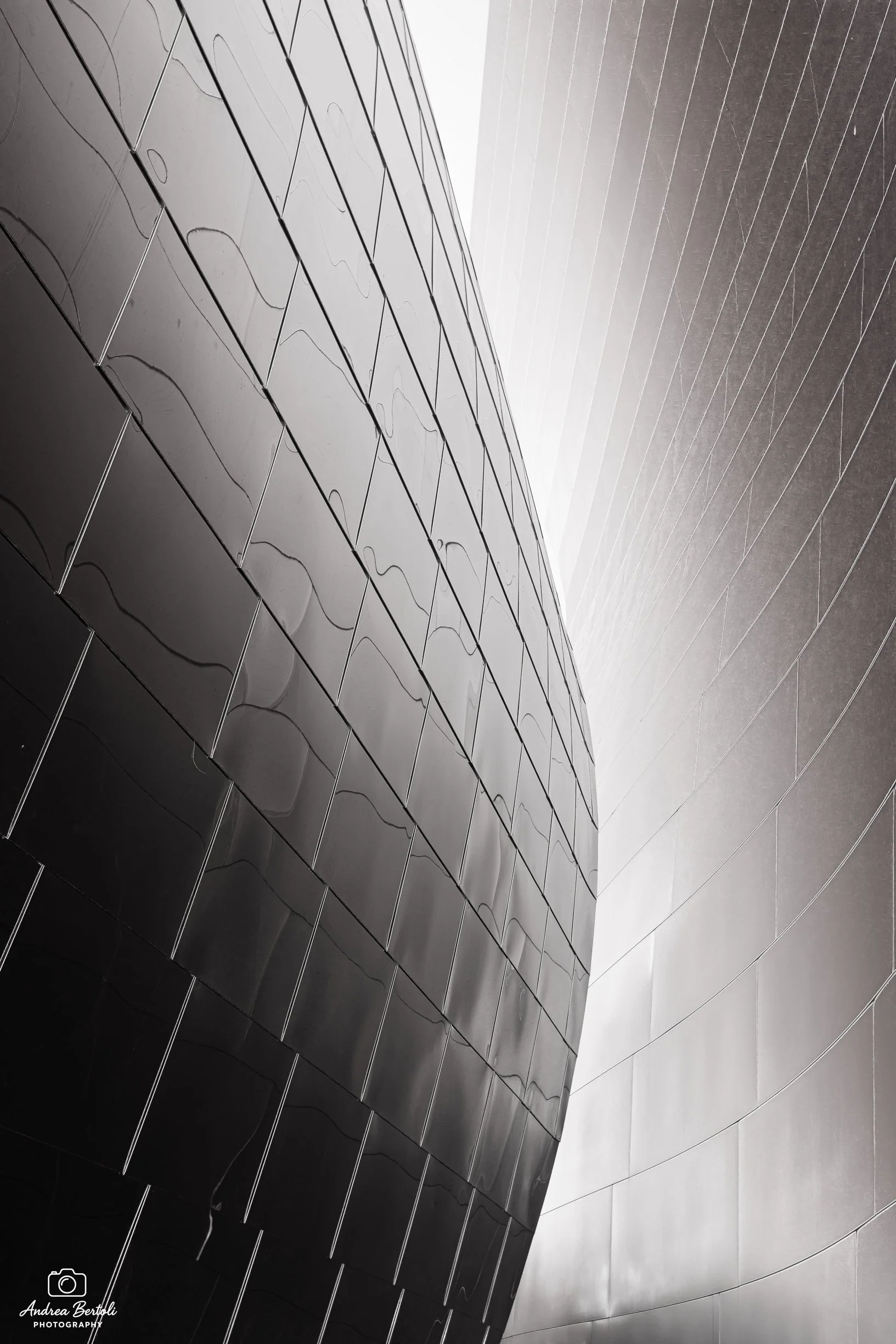 Vista del Walt Disney Concert Hall con pareti di metallo lucido e linee orizzontali, in tonalità di grigio e nero.