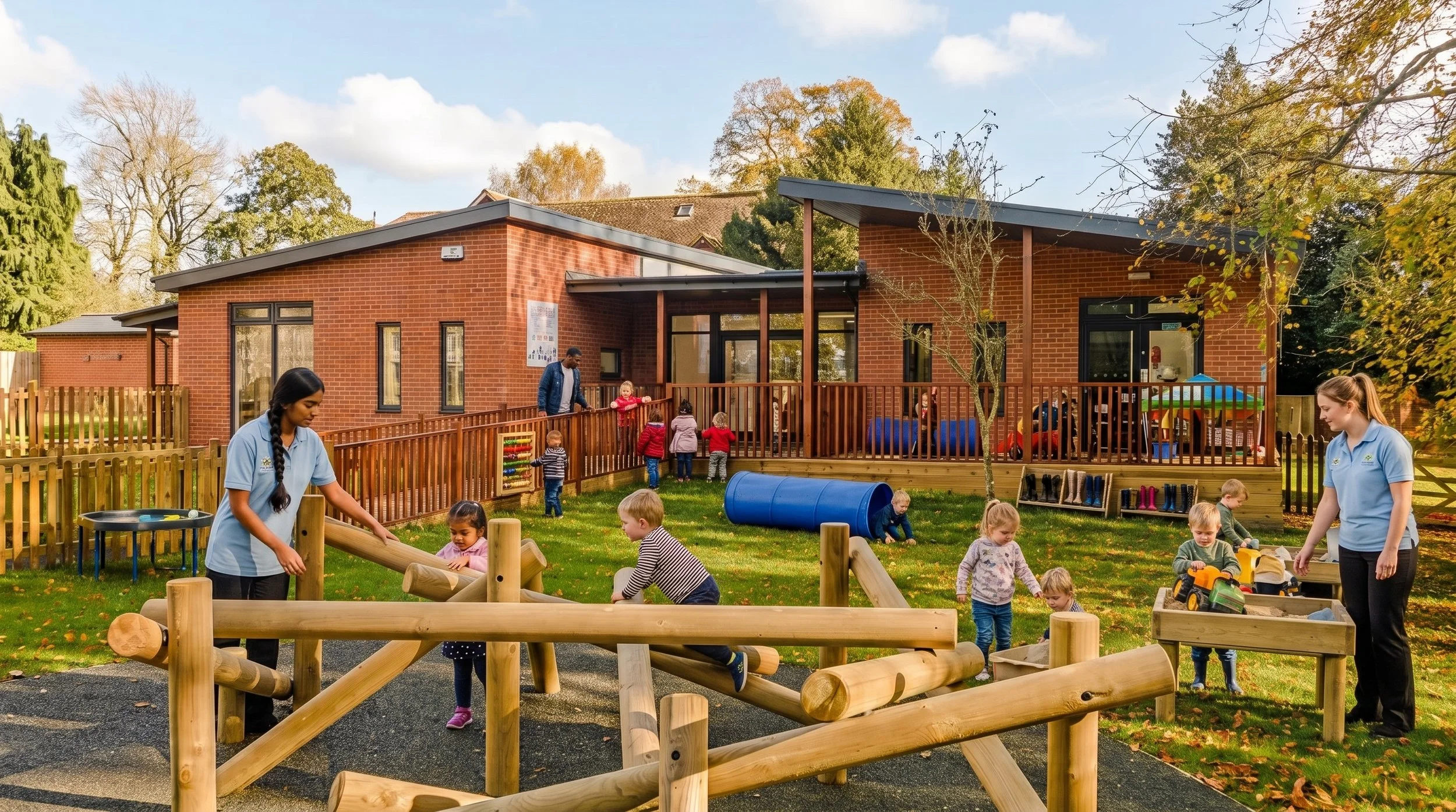 Modern nursery building with children playing outside on wooden playground equipment and adults supervising in a fenced yard.