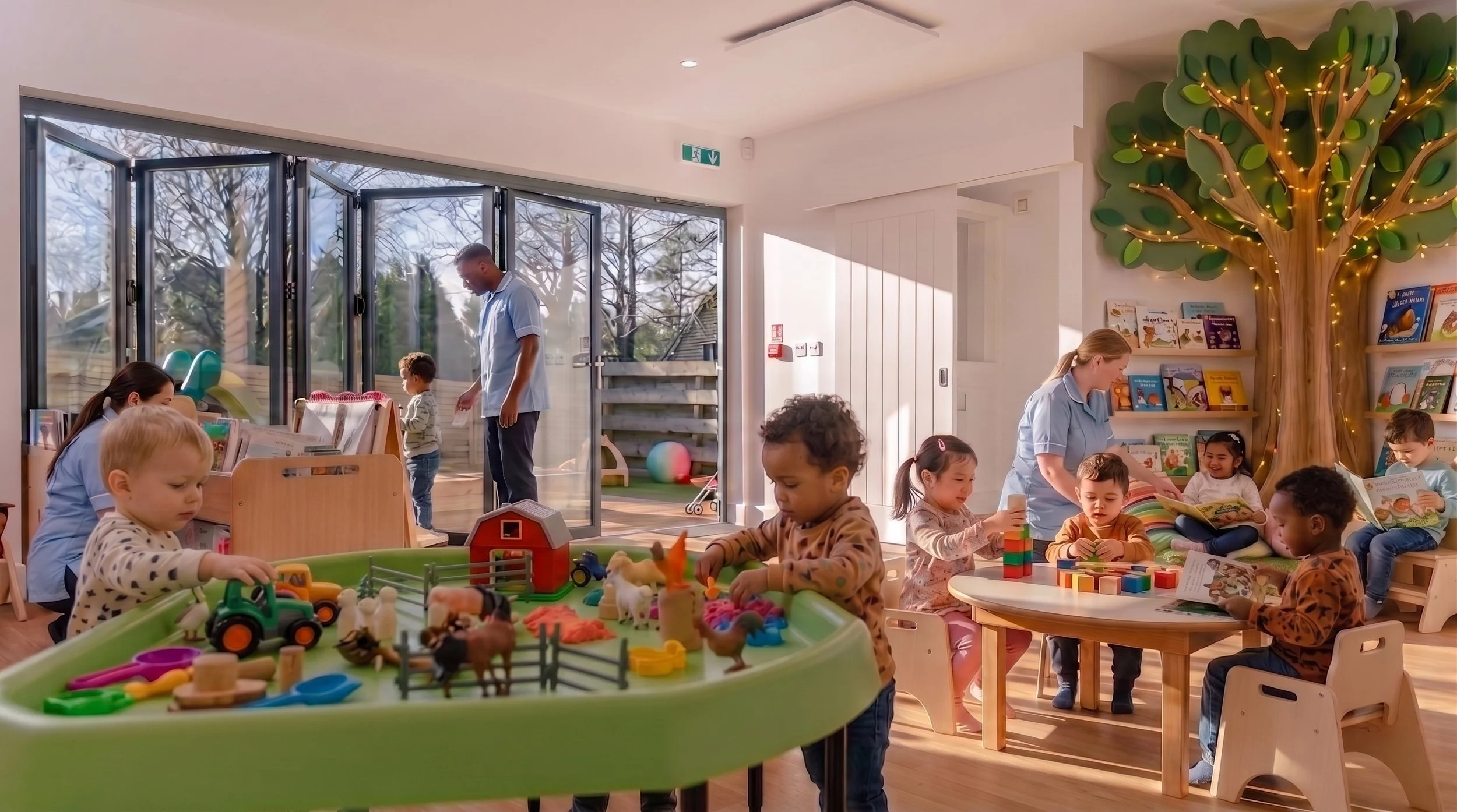 Image of a modern nursery interior showing children playing with toys and reading books in a bright, colorful indoor play area with large glass doors leading outside to a patio.