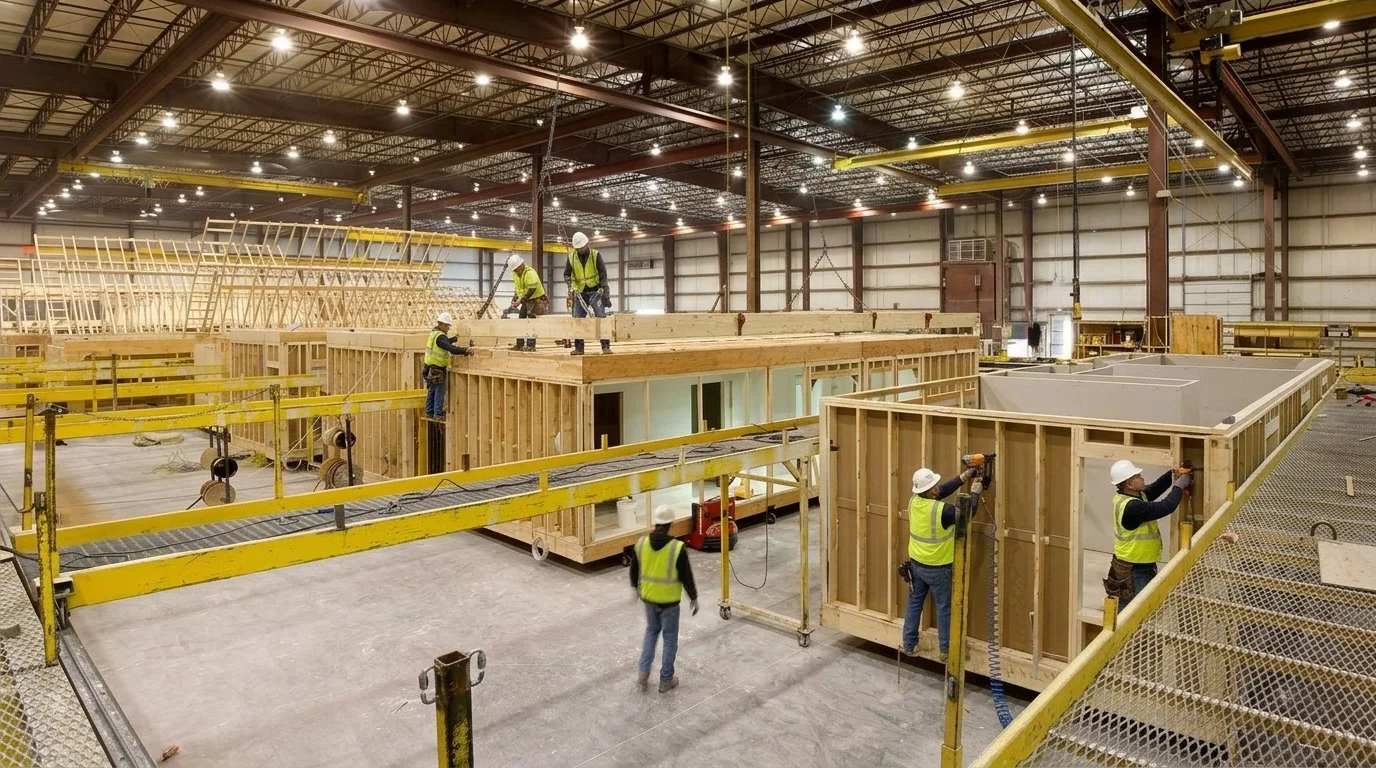 Image of an off-site construction factory showing construction workers in safety vests and helmets assembling structural timber panels for school buildings.