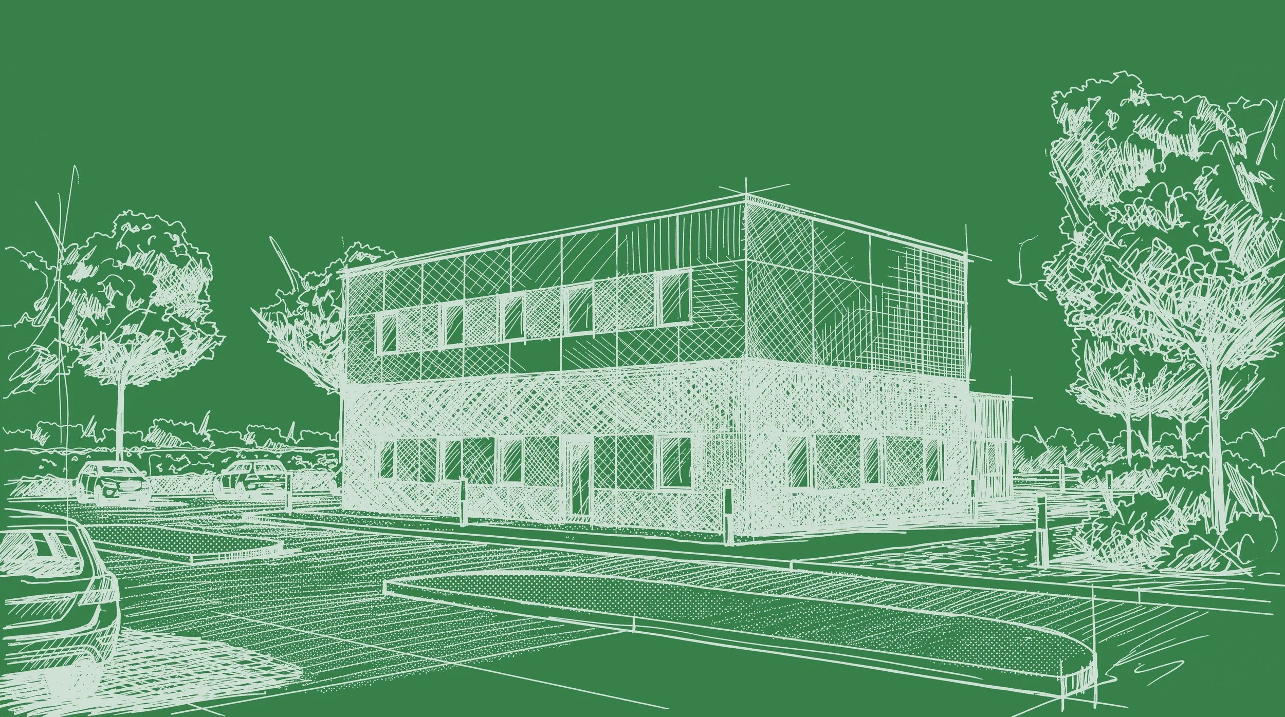 Architectural sketch drawing of a modern school building with large windows, surrounded by trees and parked cars, on a green background.
