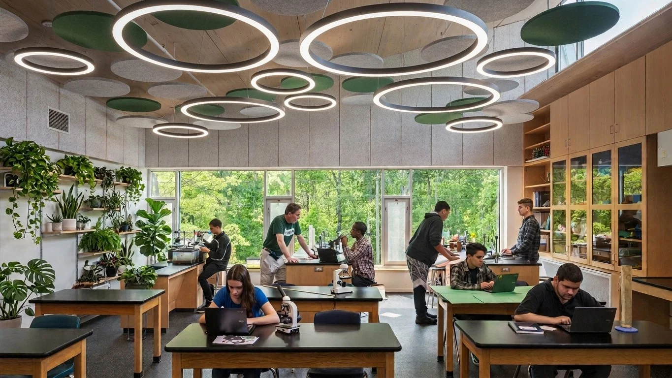 Students working in a science classroom with lab tables and microscopes, natural light coming through large windows, surrounded by greenery outside, with modern circular ceiling lights and shelving with plants on the walls.