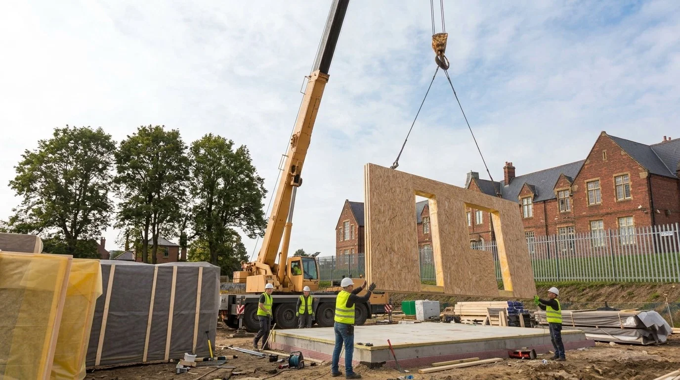 Off-site construction workers in safety vests and helmets guiding a large structural timber panel as it is lifted by a crane at a school construction site.