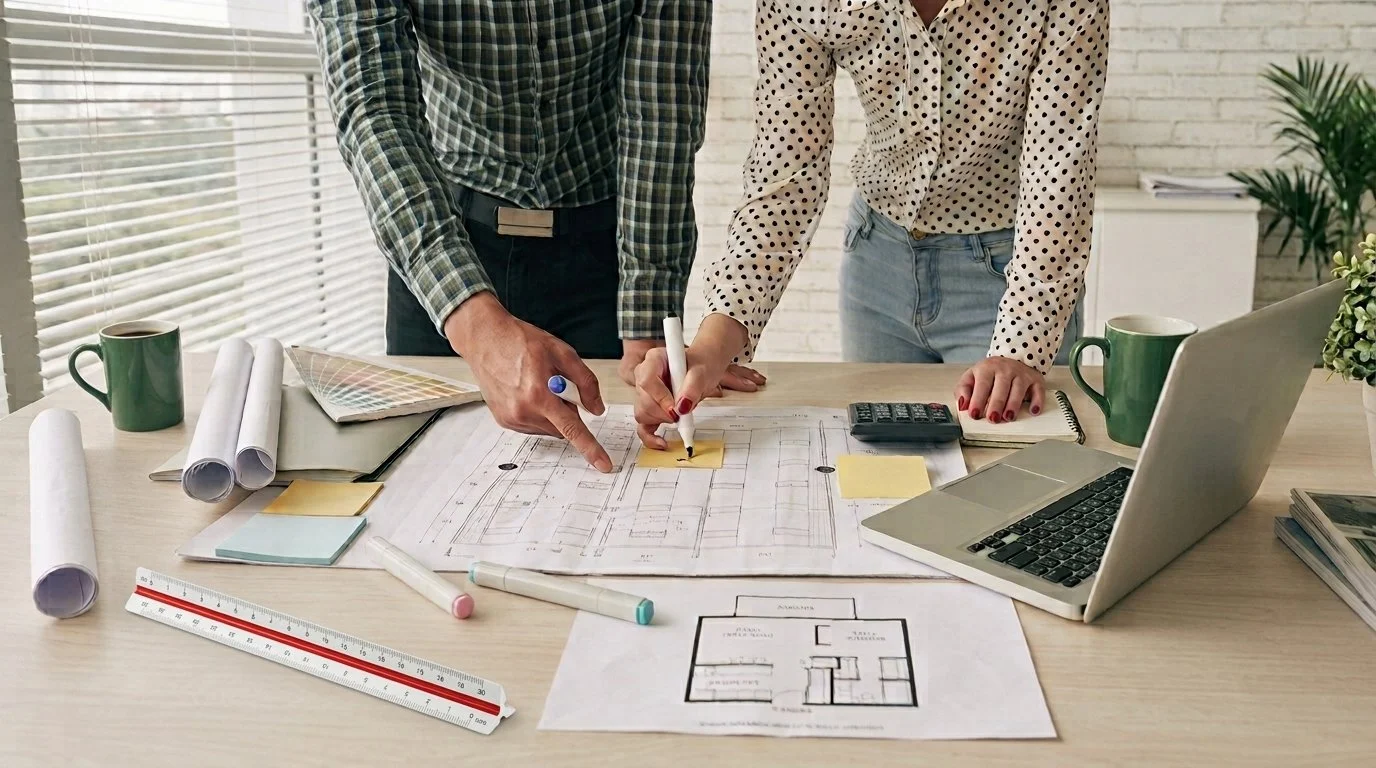 Two people discussing architectural plans at a workspace with a laptop, calculator, coffee mugs, rolls of paper, color palette, and writing instruments.
