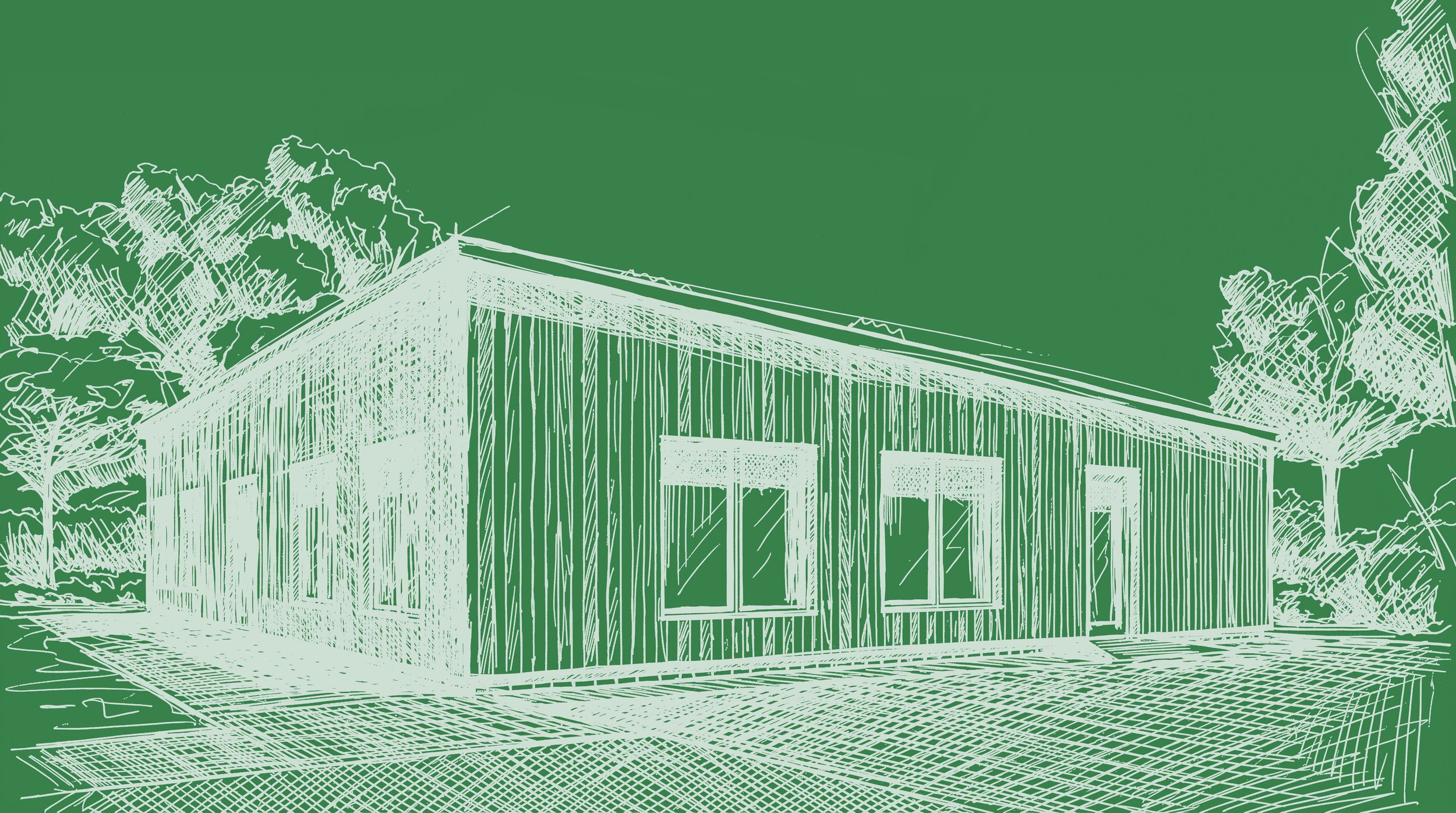 Architectural sketch of a modern school classroom with large windows, surrounded by trees.
