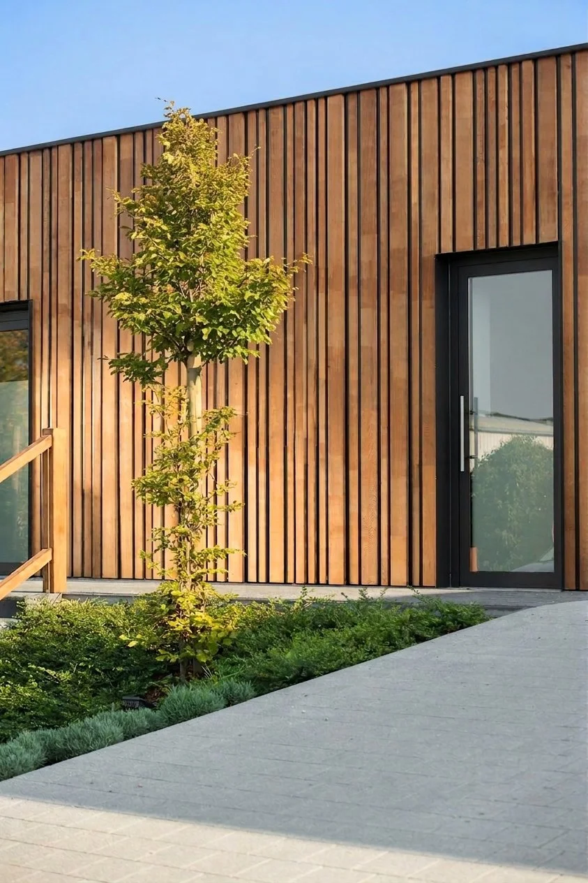 Modern school building exterior with wooden vertical siding, a glass door, a small tree, and greenery in the yard.