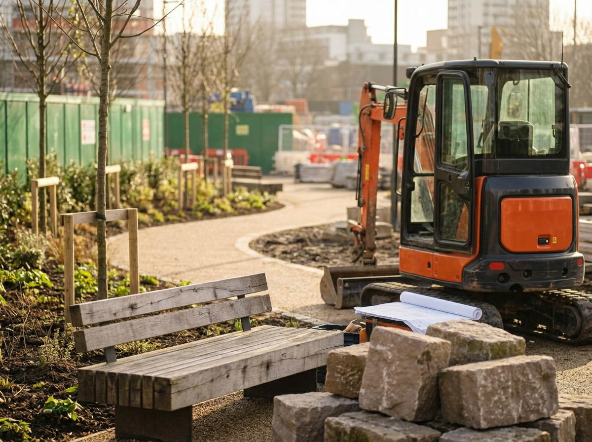 A small construction excavator parked on a sidewalk near a newly built park with a bench, trees, and landscaping materials.
