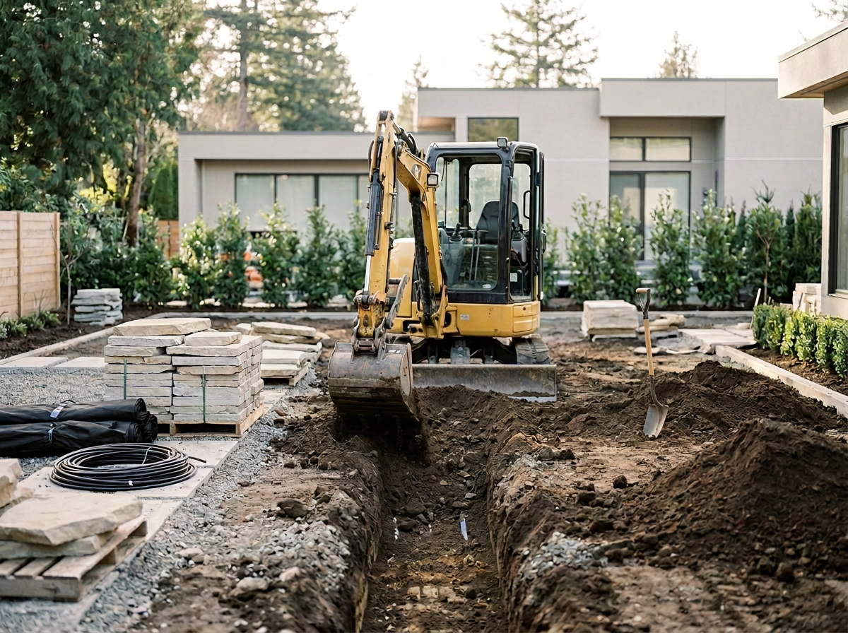 A construction site in a backyard with an excavator digging a trench. There are stacks of paving stones, coiled black tubing, and a shovel in the ground.
