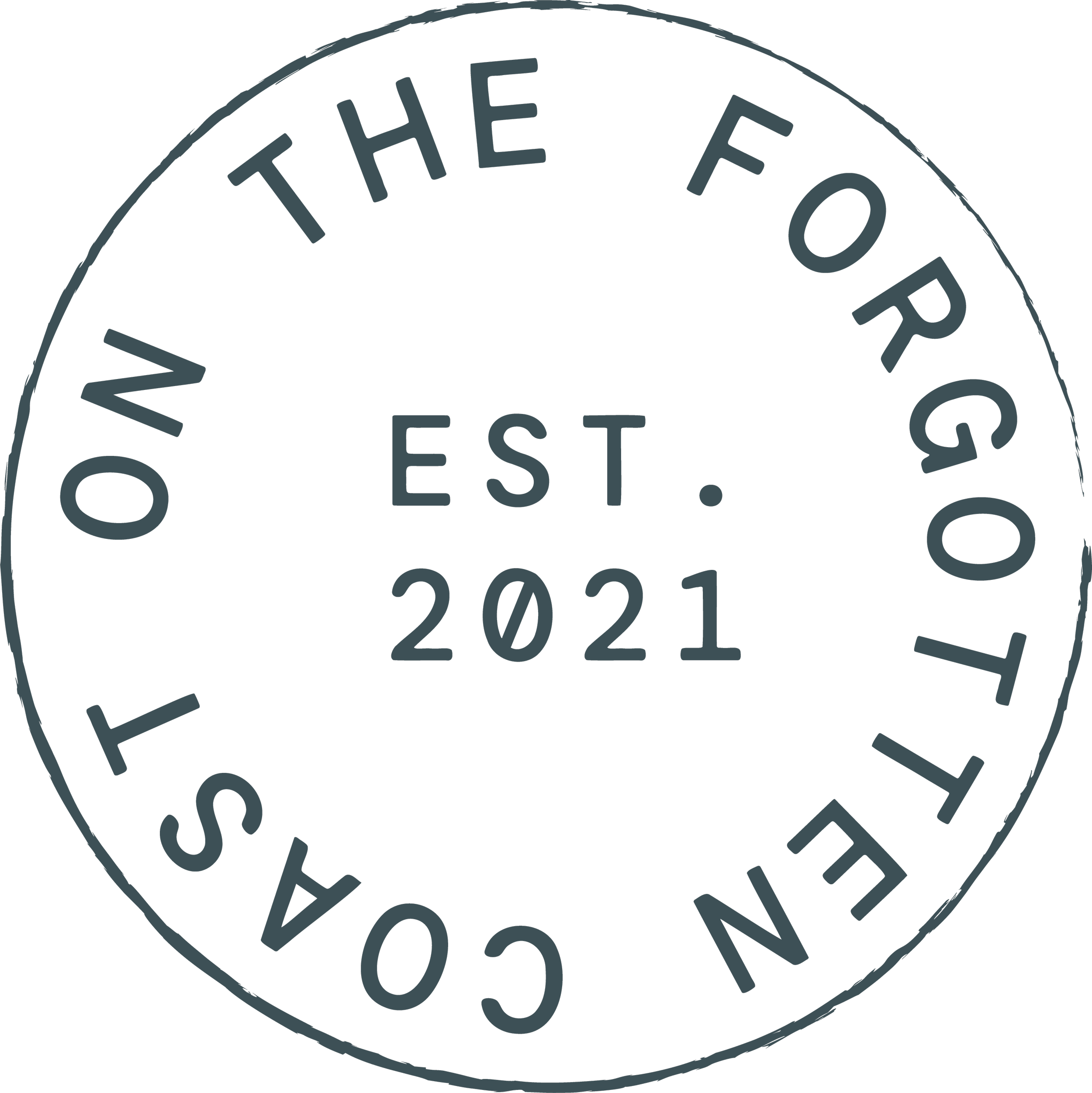 Close-up of a circular logo saying 'on the forgotten coast' and 'est 2021'
