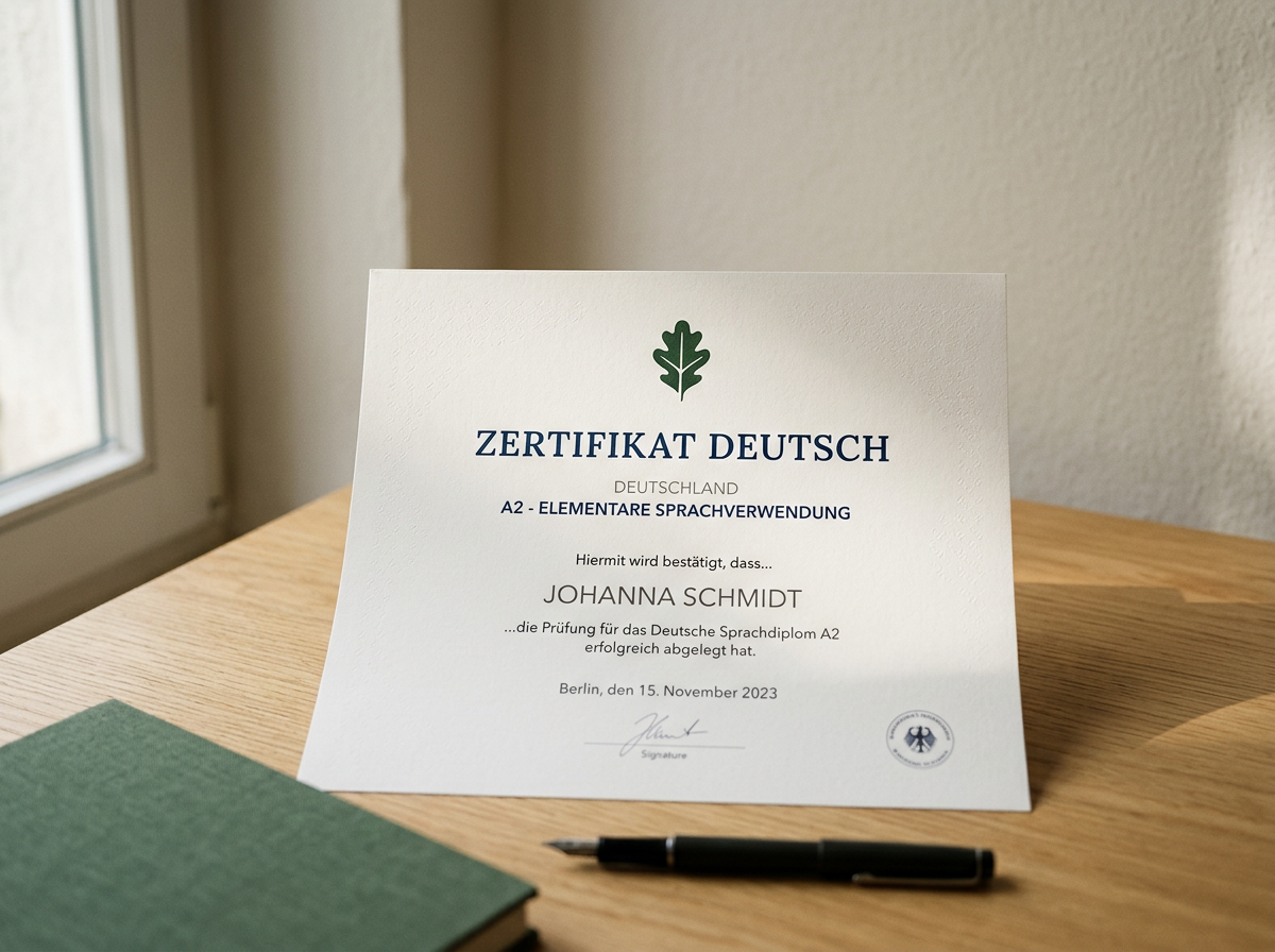 Certificate of German language proficiency placed on a wooden table near a window, with a pen and a green notebook nearby.