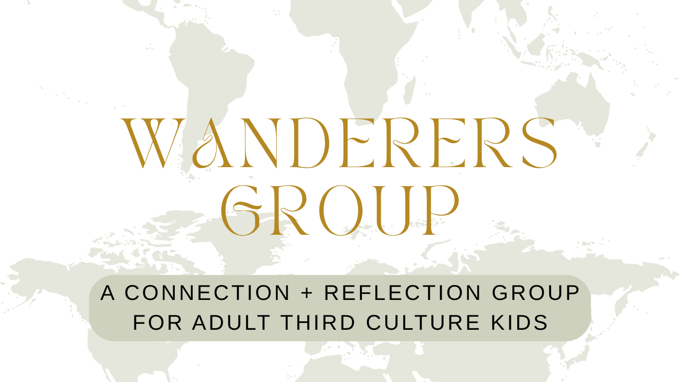 A logo with the text 'Wanderers Group' over a pale world map background, and the subtitle 'A connection + reflection group for adult third culture kids' in a rounded rectangle.