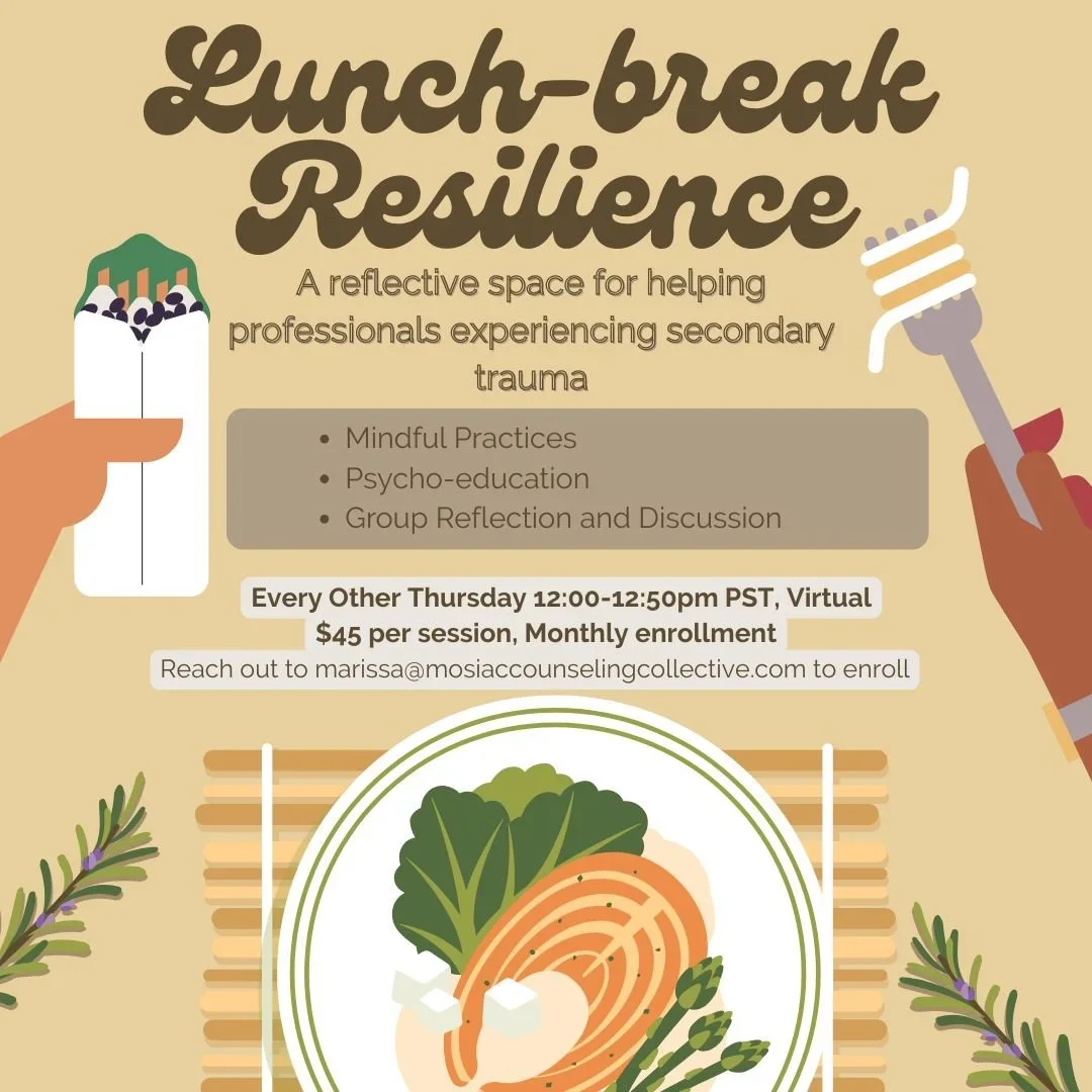 Flyer for a 'Lunch-break Resilience' virtual program featuring mindful practices, psycho-education, and group discussion, with a graphic of a hand holding a salad and another holding a fork, surrounded by herbs.