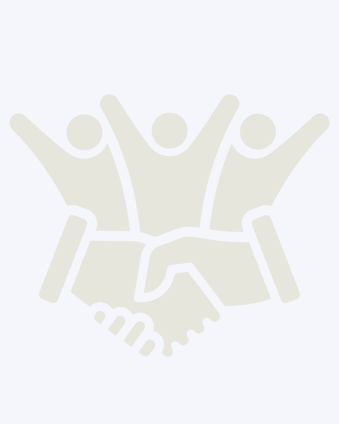 Illustration of three people with raised arms forming a stylized handshake.