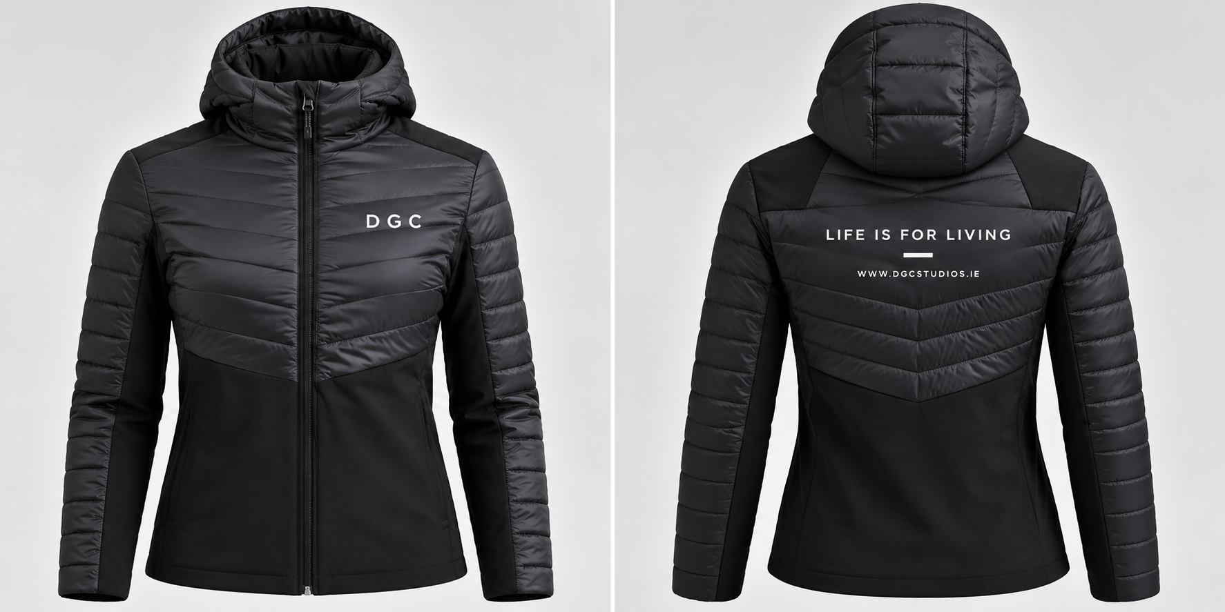 DGC Black Puffer Jacket Front and Back.png