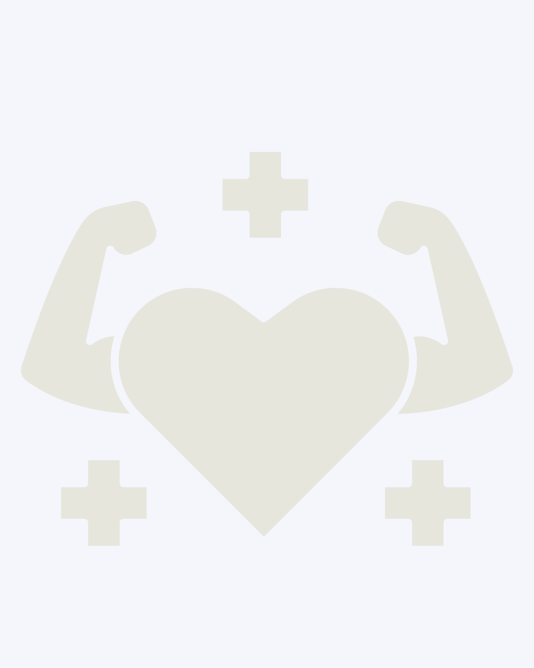 Illustration of a heart with muscular arms flexing, with medical crosses around it, symbolizing healthcare or health and strength.