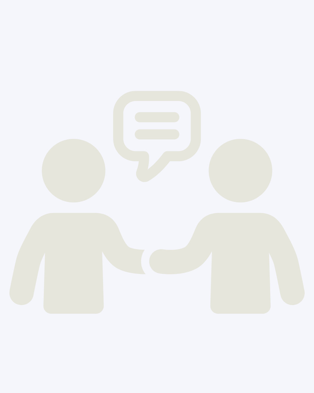 Two abstract human figures shaking hands with a speech bubble above them.