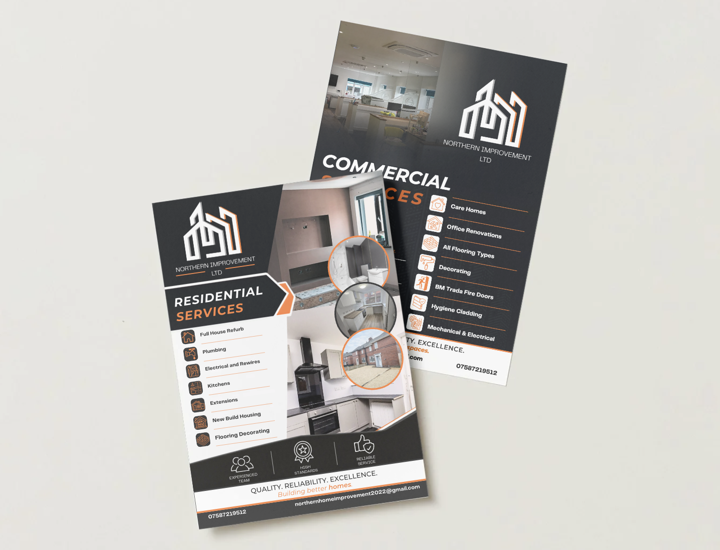 Two business flyers for Northern Improvement Ltd, advertising residential and commercial renovation services with images of home interiors and exteriors, icons of services offered, and contact information.