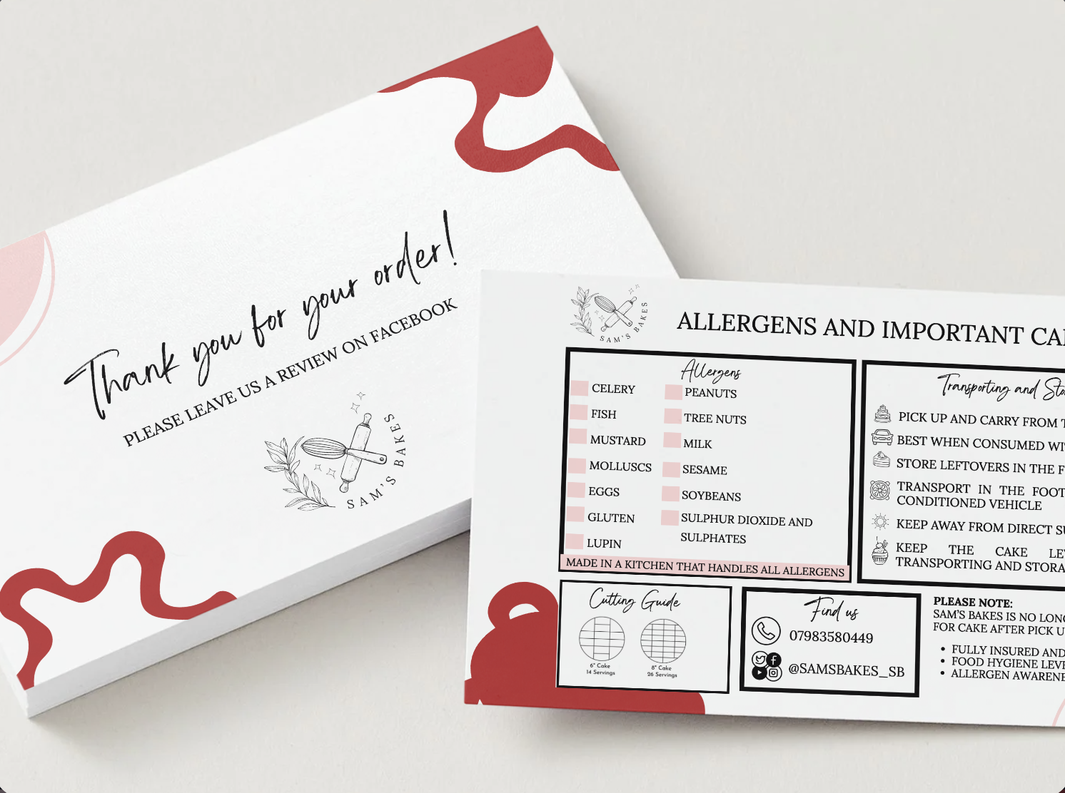 A thank you card and an allergy and important cake information sheet from Sam's Bakes, listing allergens and instructions for cake pickup, storage, and transportation.