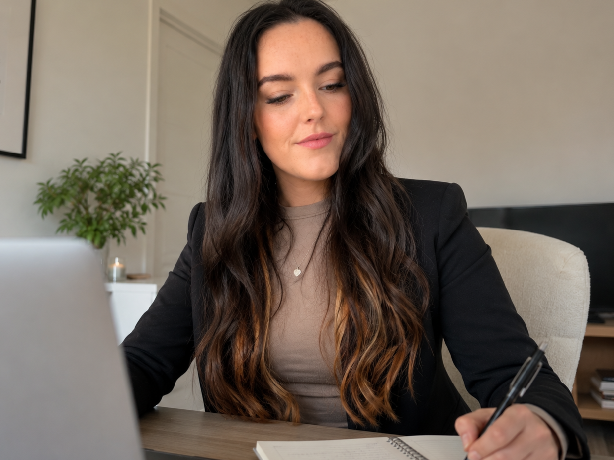 A woman with long dark hair, wearing a black blazer and beige top, sitting at a desk with a laptop, writing in a notebook, in a well-lit room with a plant and shelf in the background.