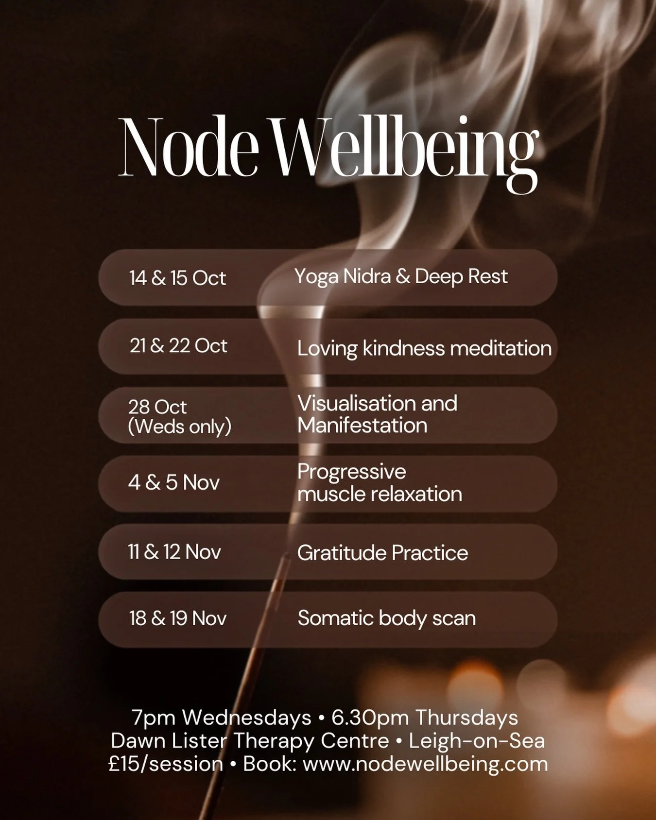 Our six week schedule is now live 🤍📿

Head to the link in the bio to book your space.

&pound;15 per session or &pound;80 for a block of six.

Wednesday 7pm
Thursday 6:30pm
Dawn Lister Therapy Centre, Leigh-on-Sea