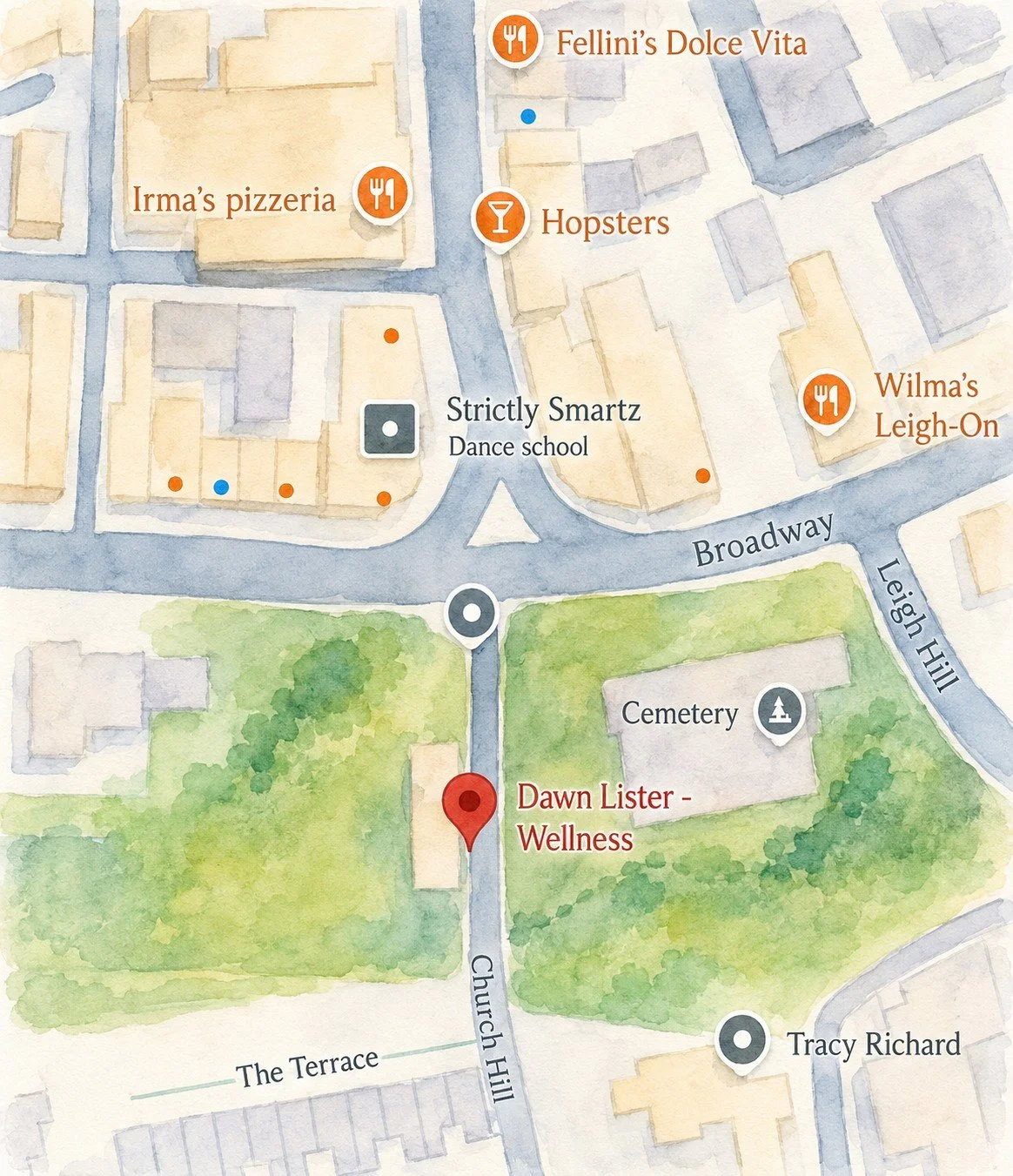 A watercolor map showing streets, buildings, and landmarks such as Dawn Lister Wellness, a cemetery, a dance school, pizzerias, restaurants, a bar, and a church hill.