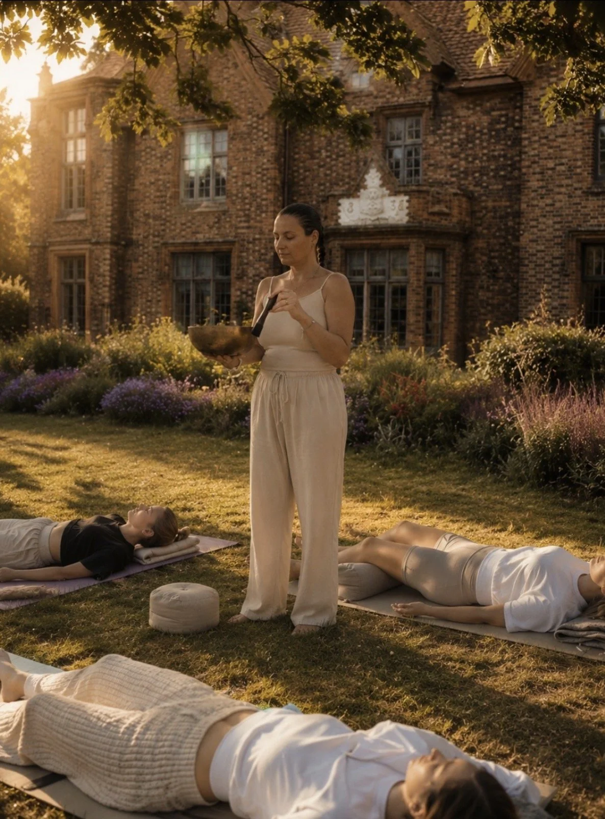 A group of women practicing yoga outdoors on mats in a garden, with one woman standing and playing singing bowls, in front of a brick building during sunset.