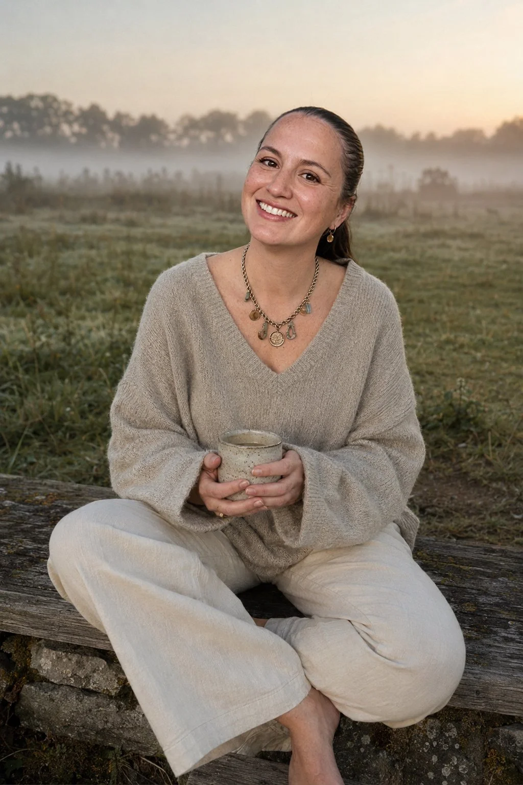 A woman sitting on a log outdoors in a field, smiling and holding a ceramic mug, with a foggy landscape and trees in the background at sunrise or sunset.