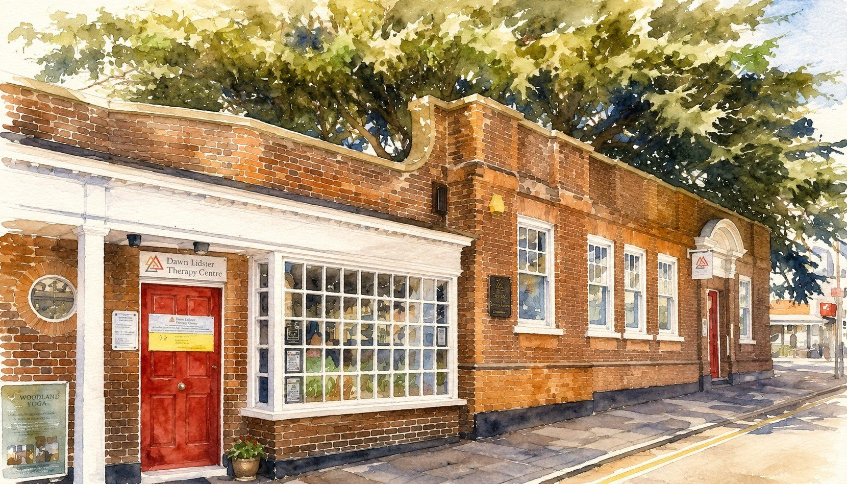 A watercolor painting of a brick building with white trim and a red door, signifying Dawn Ludster Therapy Centre, with large trees from the courtyard providing shade.