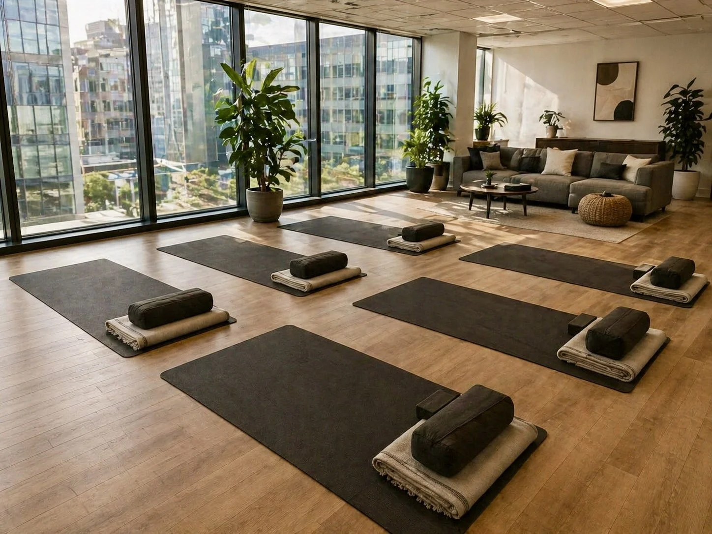 Yoga mats and props in a spacious, well-lit studio with large windows, potted plants, and comfortable seating area.