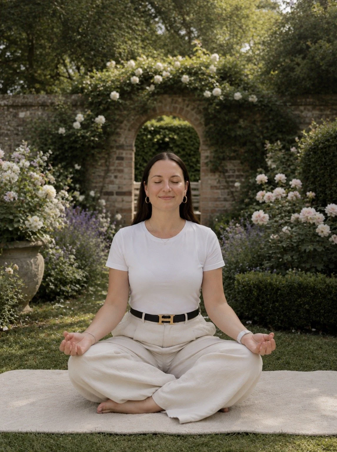 A woman meditating outdoors in a garden with flowers and an archway in the background.