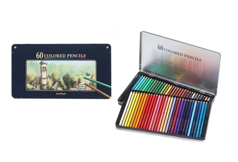 Open case of 60 colored pencils next to a box labeled "60 Colored Pencils" with a landscape illustration on the cover.