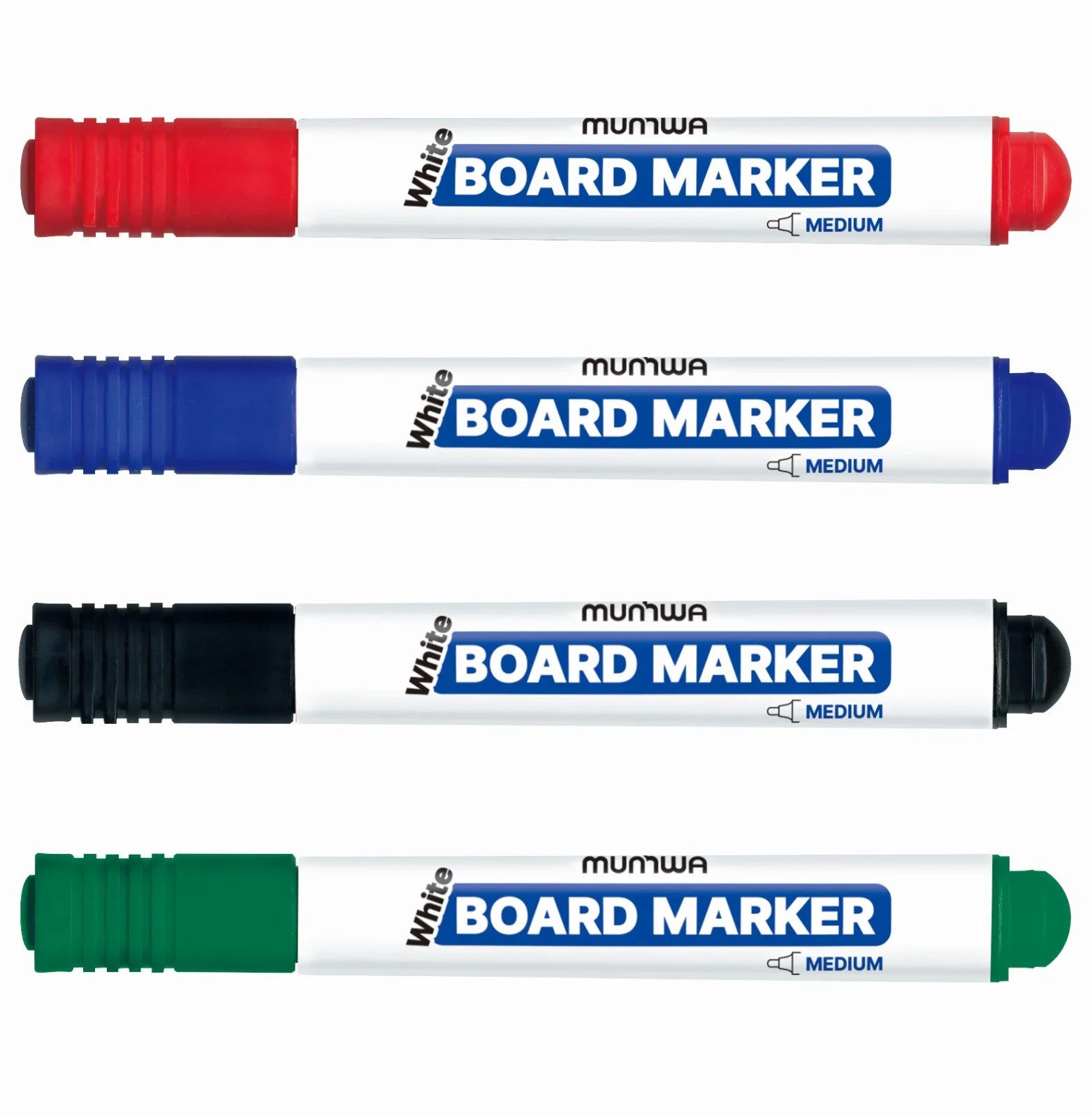 Four board markers in red, blue, black, and green colors, labeled as medium tip, lying horizontally on a white background.