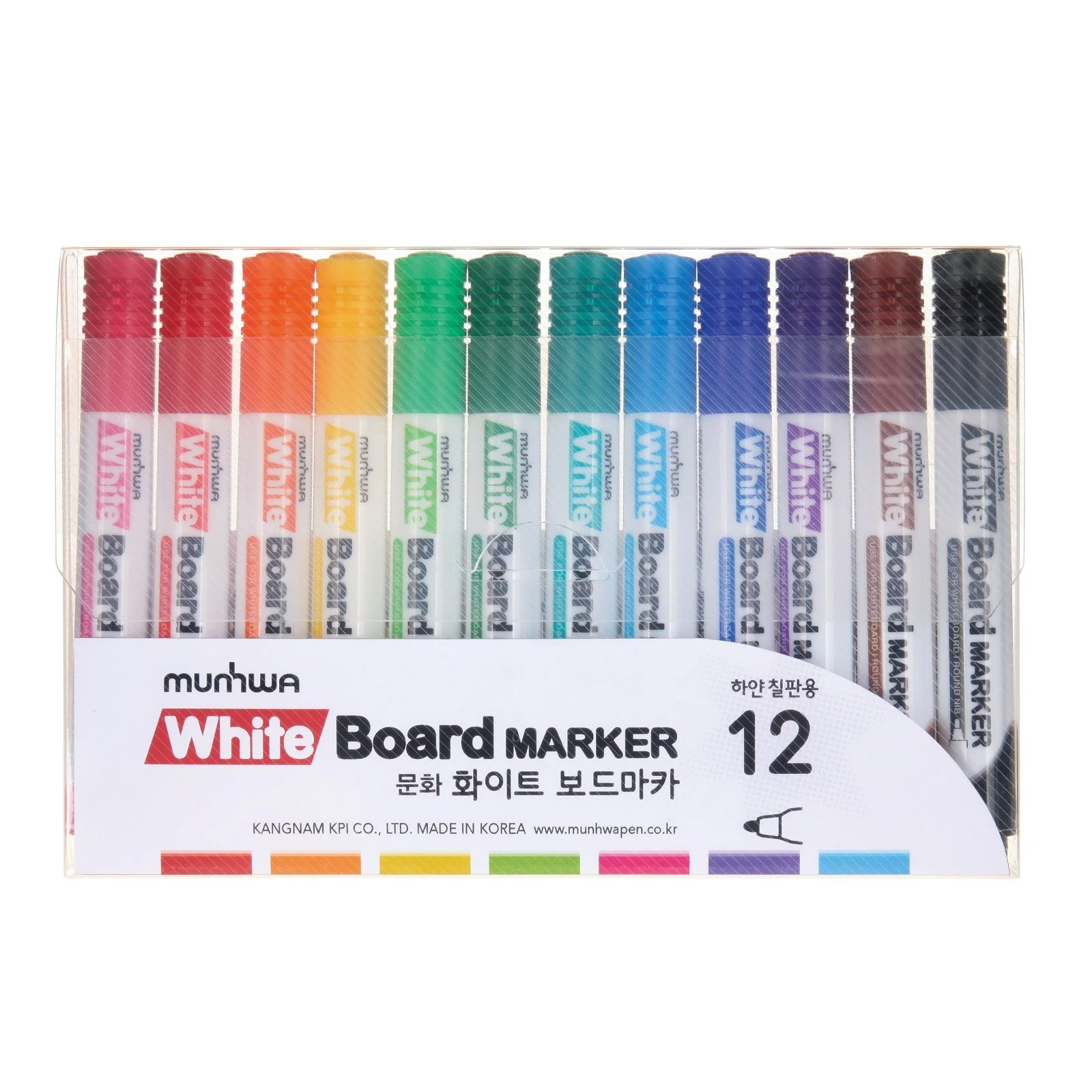 Set of 12 colorful whiteboard markers in a clear plastic case, with a white label displaying product information in Korean and English.