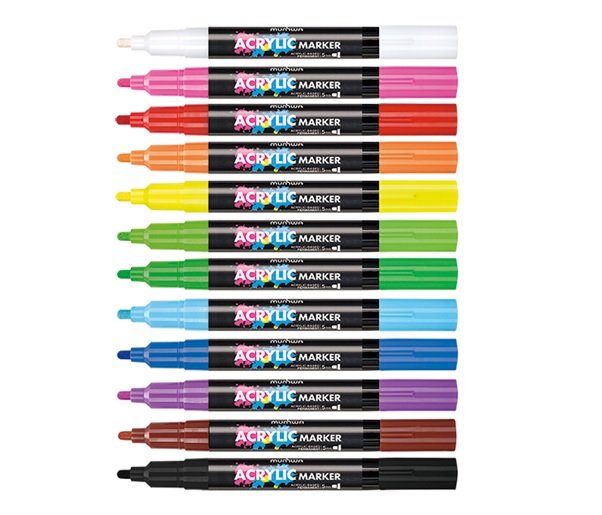 Row of 12 colorful acrylic paint markers in white, pink, red, orange, yellow, green, light blue, dark blue, purple, brown, and black, stacked vertically.