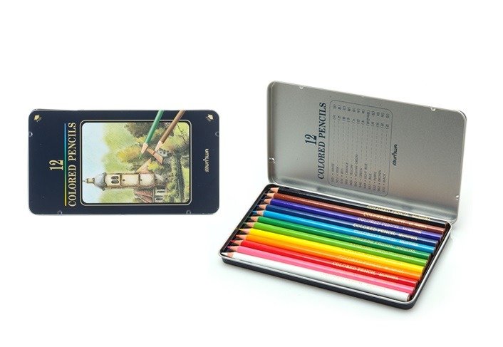 A tin box of 12 colored pencils opened, with a separate metal case showing an image of pencils and a color chart, on a white background.