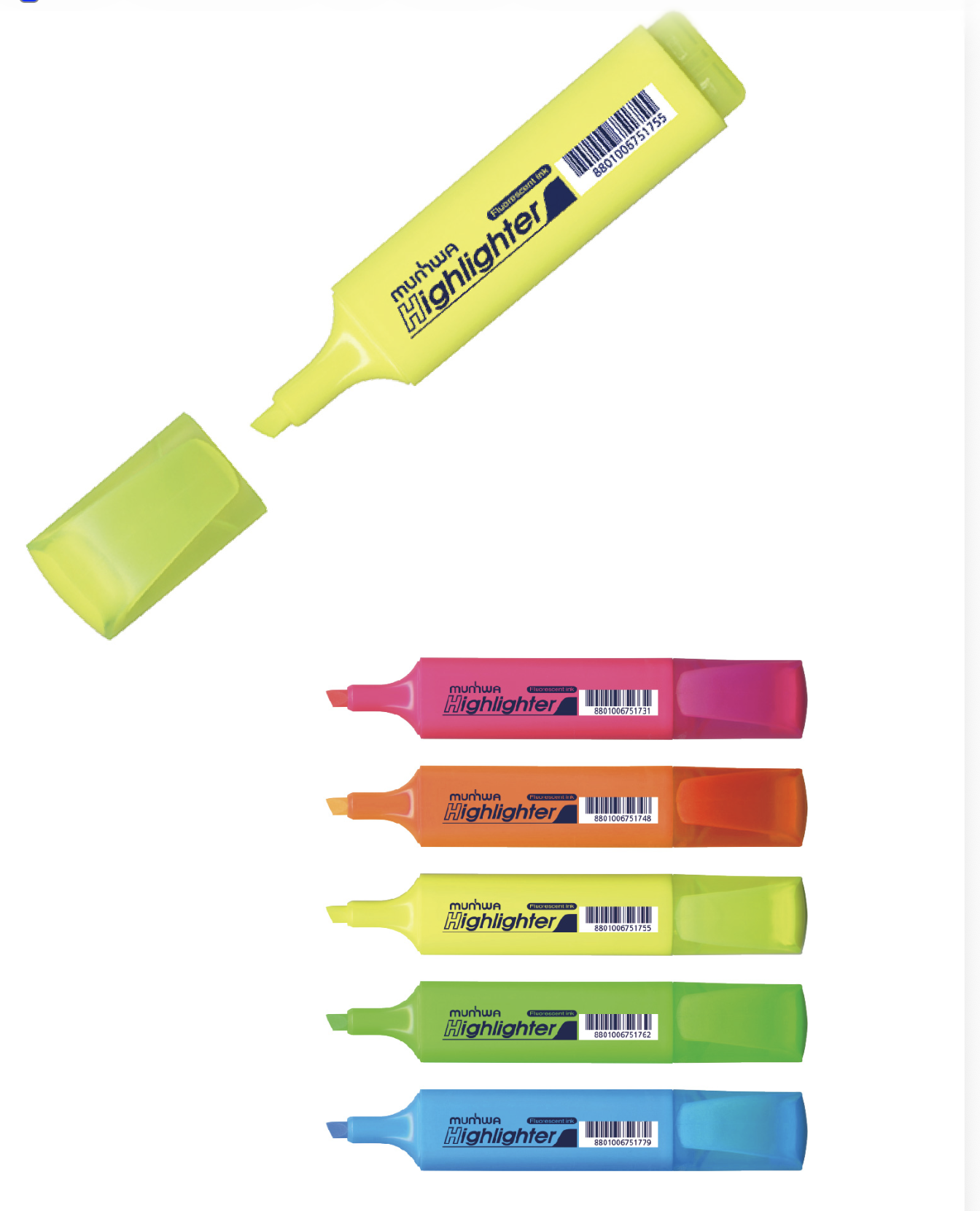 A set of colorful highlighters arranged vertically with their caps removed, revealing the chisel tips.