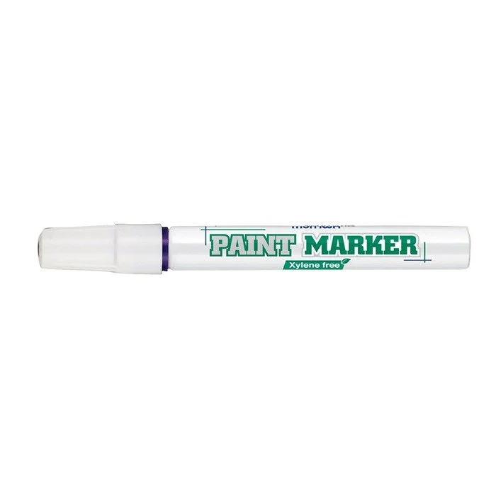 A white paint marker with a purple tip and green text reading 'Paint Marker Xylene Free'.