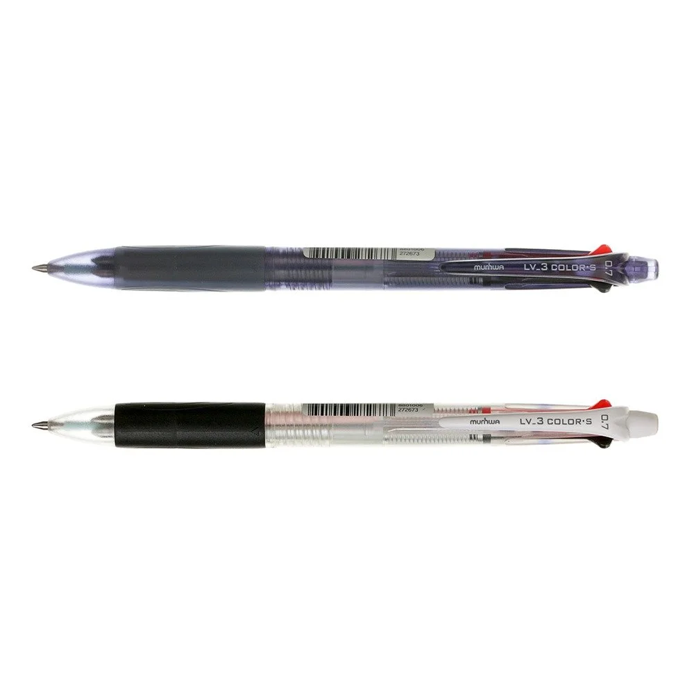 Two ballpoint pens, one with a black grip and the other with a translucent purple barrel, lying horizontally on a white background.