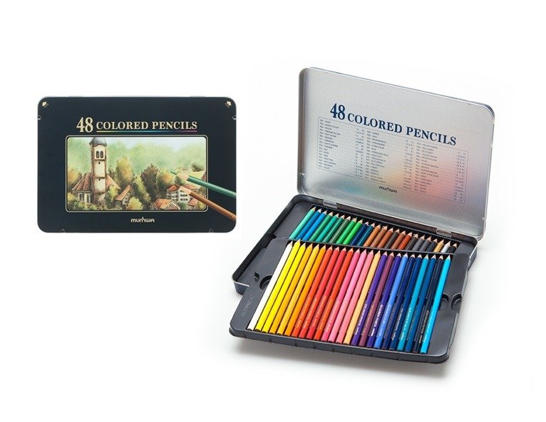 A set of 48 colored pencils in a metal case with a color chart inside the lid, and an additional box with an illustration of a village scene.