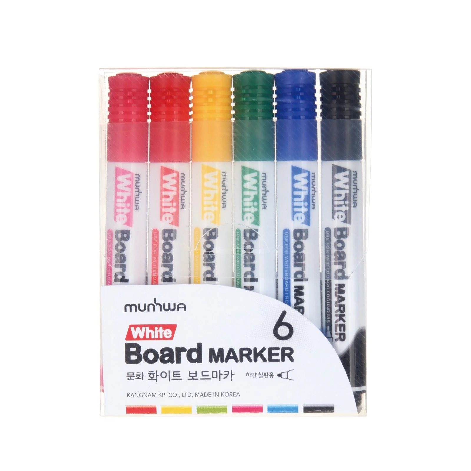 Set of six white board markers in various colors packaged in a clear plastic case with Korean and English text.