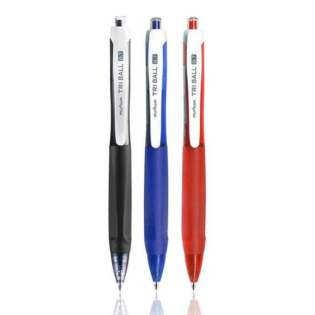 Three colorful retractable ballpoint pens in black, blue, and red, standing upright with their tips extended.