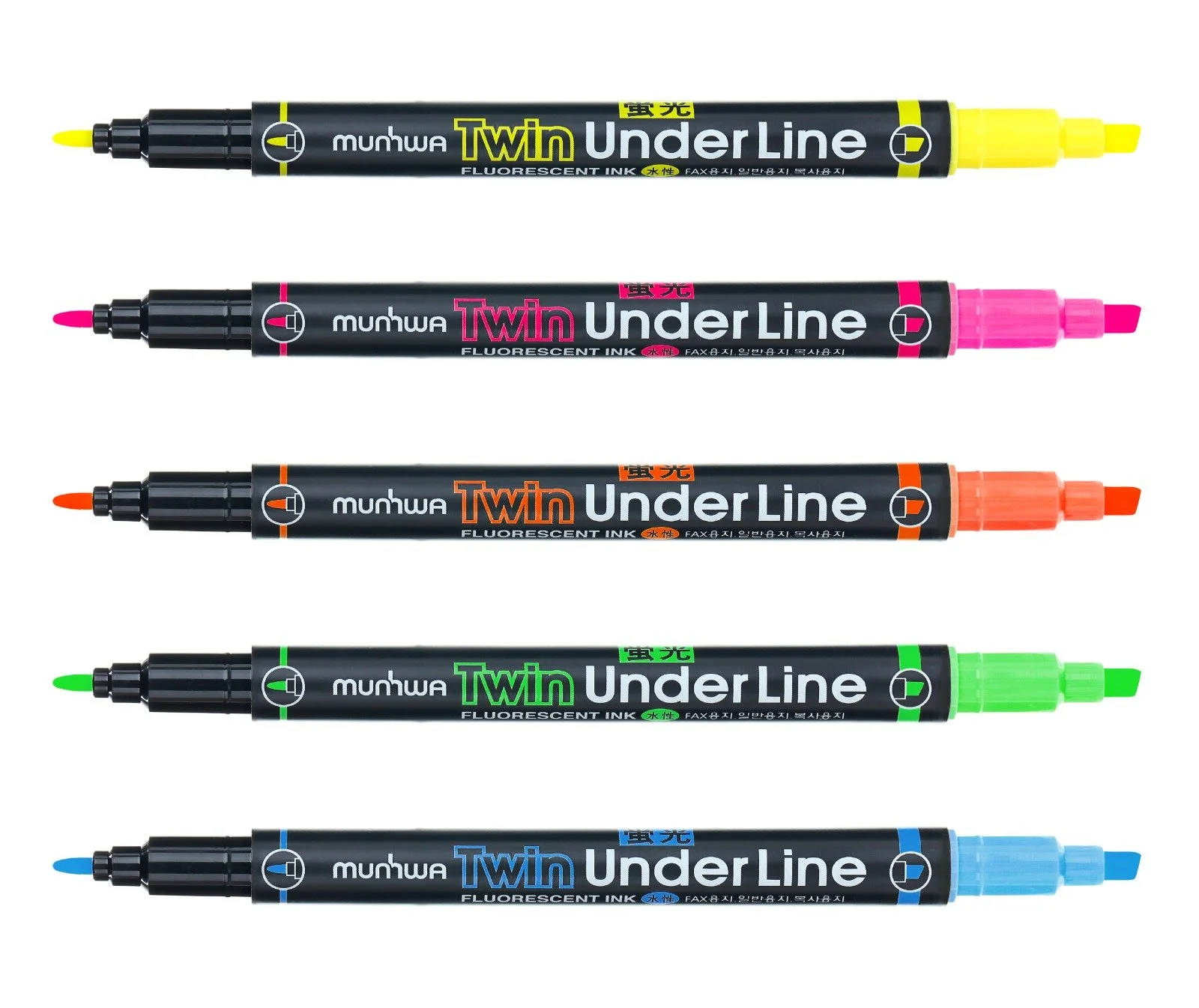Four fluorescent markers in yellow, pink, orange, and green arranged in a horizontal row, each with a black body and color-coded caps and tips.