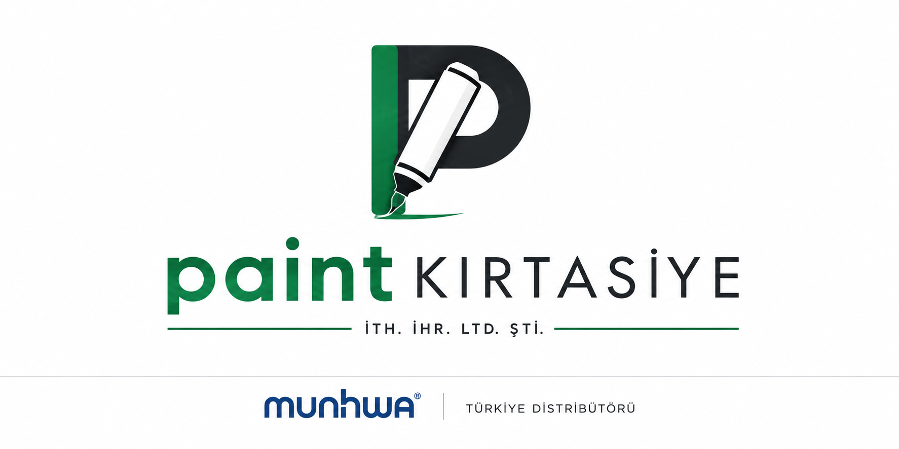 Logo with a large letter P containing a paint marker, the word "paint" in green lowercase, "KIRTASIYE" in black uppercase, and the company name and descriptions in smaller black text.