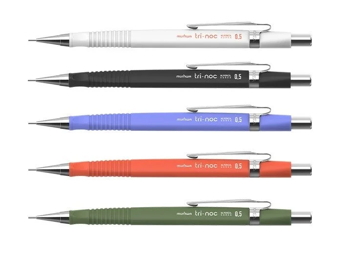 Five retractable ballpoint pens in white, black, blue, orange, and green, aligned horizontally against a white background.