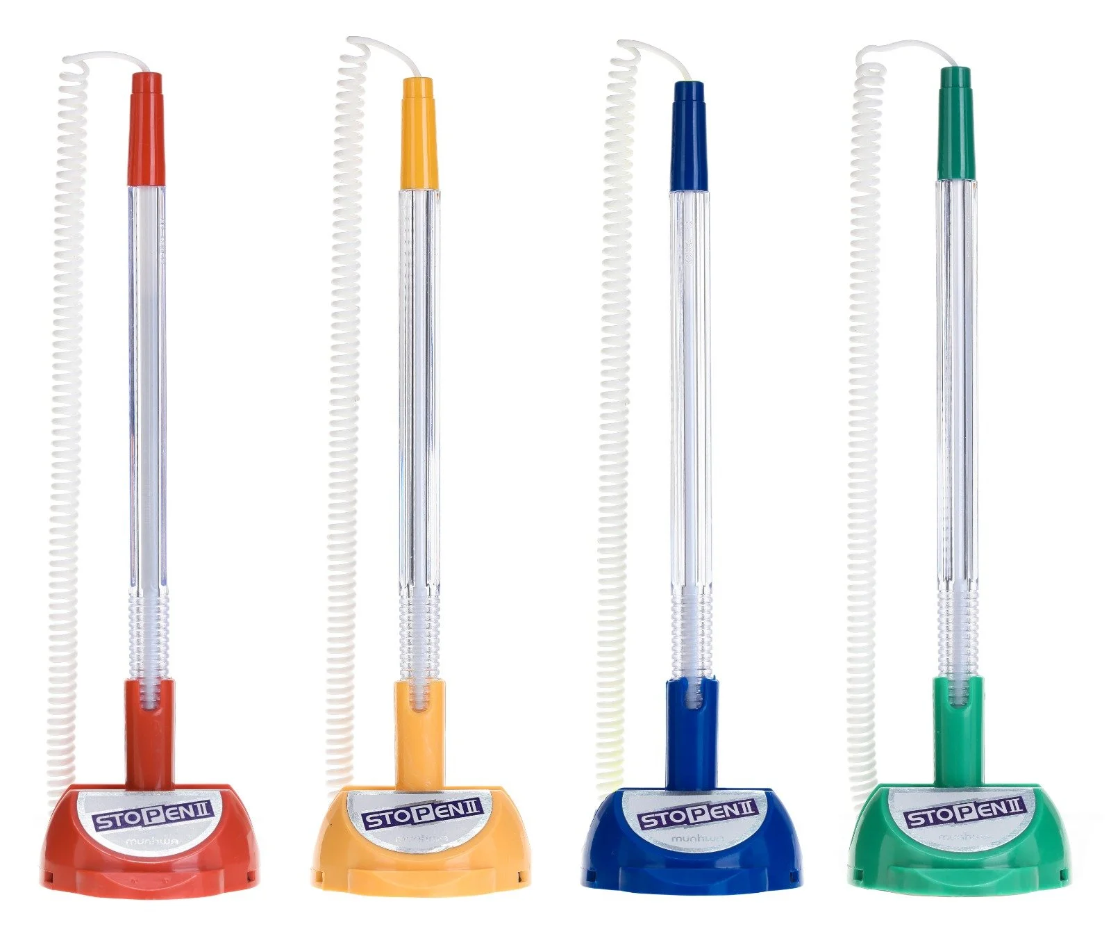 Four correction pens with flexible, spiral tips, each in red, orange, blue, and green, lined up in a row against a white background.
