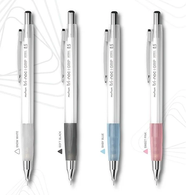 Four retractable gel pens in white, black, blue, and pink colors with different ink shades labeled Snow White, Soft Black, Baby Blue, and Sweet Pink.
