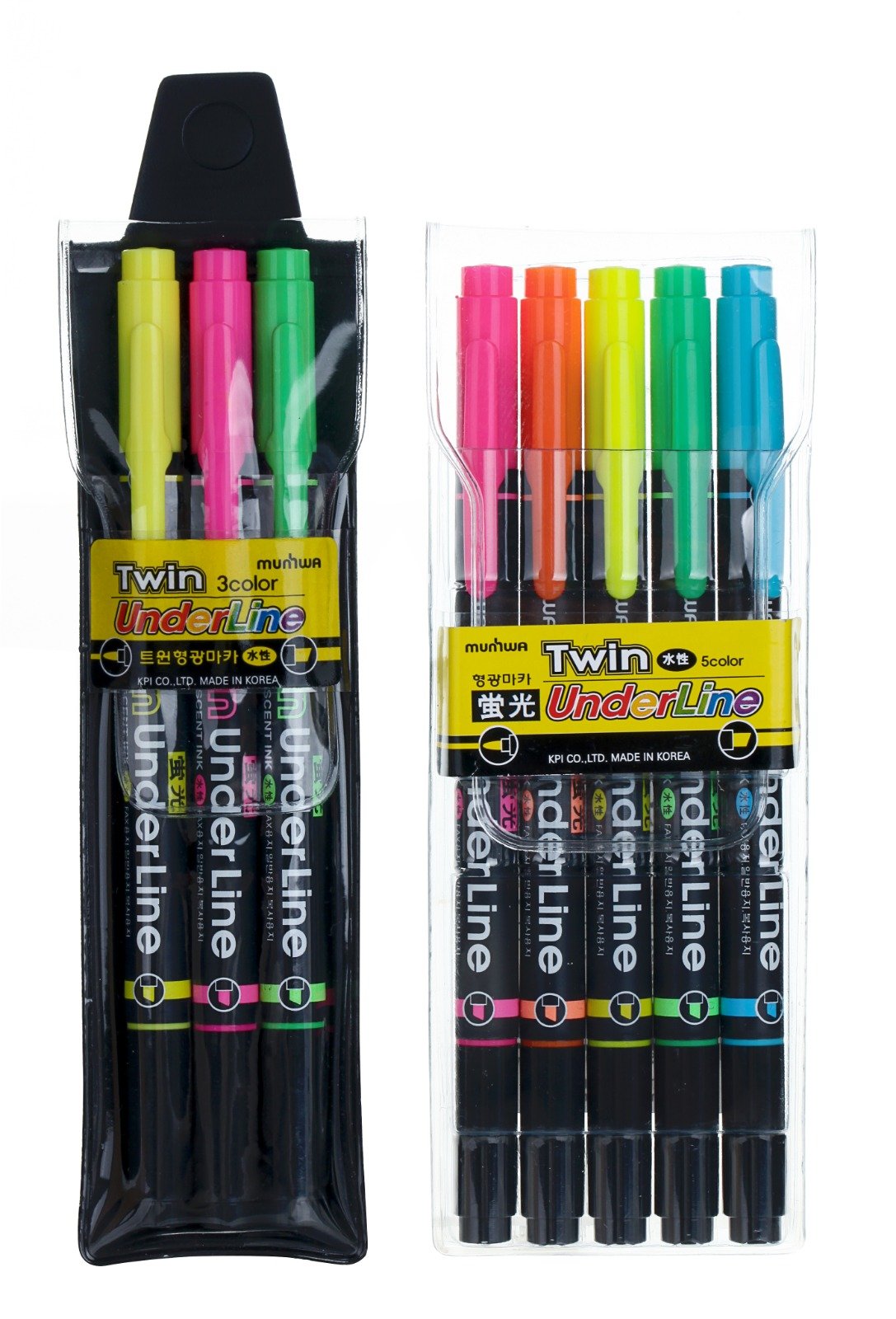 Two sets of colored highlighters in transparent plastic cases, one with three pens and one with five pens, featuring black color caps and labels with yellow and black text.