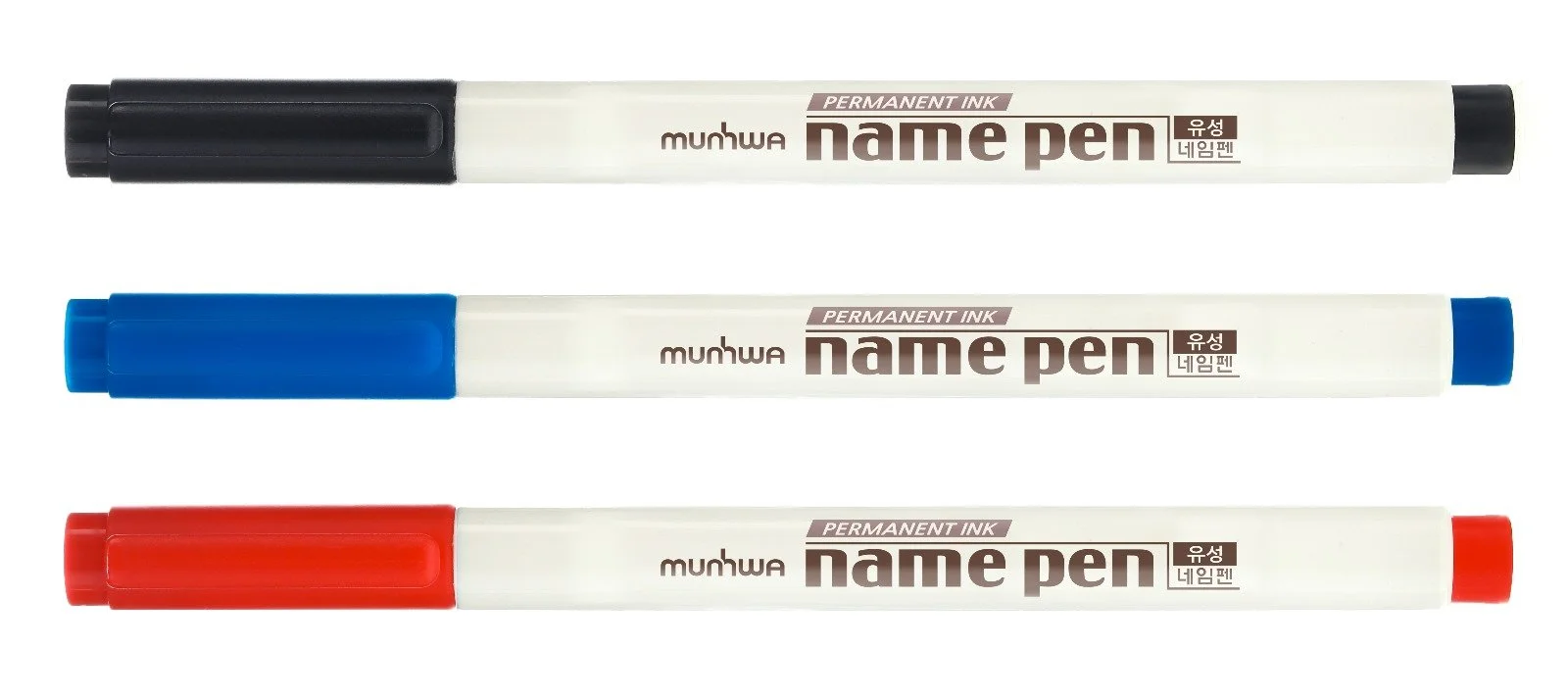 Three permanent marker pens with black, blue, and red caps, aligned horizontally. The pens have white bodies with brown text and labels.